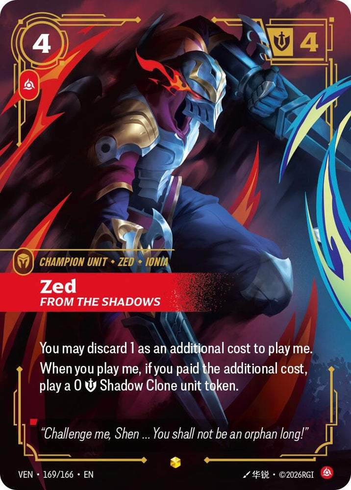 Image for Zed, From the Shadows (Overnumbered) (169/166) (VEN) - Riftbound: League of Legends Trading Card Game