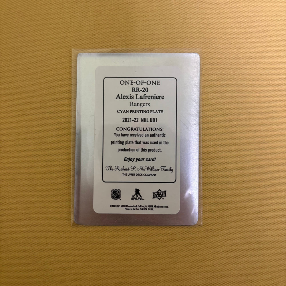 2021-22 Upper Deck Series 1 Alexis Lafreniere Rookie Retrospective Cyan Printing Plate New York Rangers RR-20