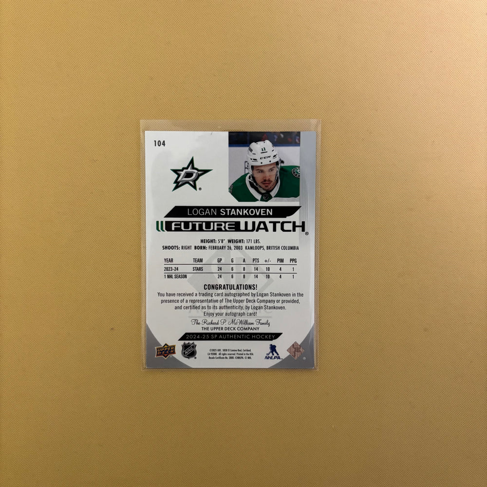 2024/25 Upper Deck SP Authentic Logan Stankoven Future Watch Auto /999 Dallas Stars #104 Sports Card