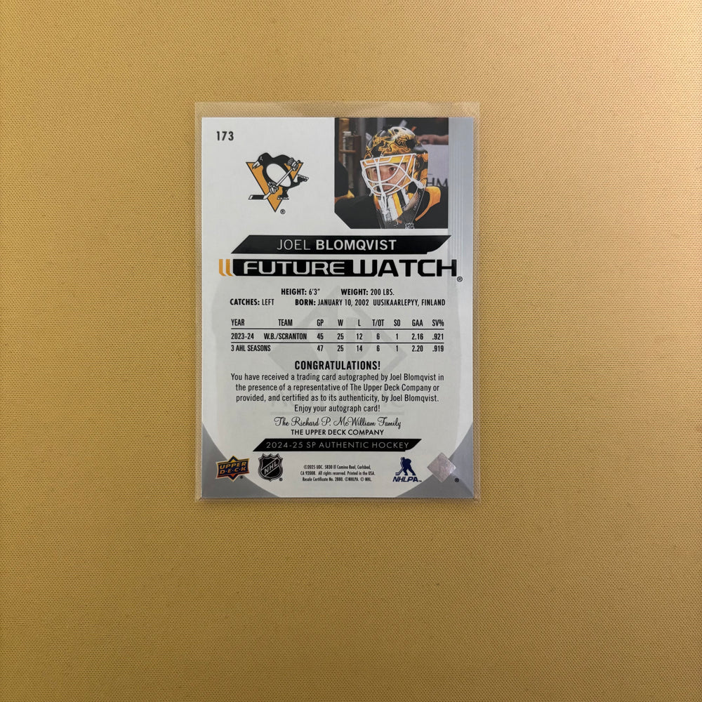 2024-25 SP Authentic Joel Blomqvist Future Watch Rookie Auto /999 #173 Penguins Sports Card