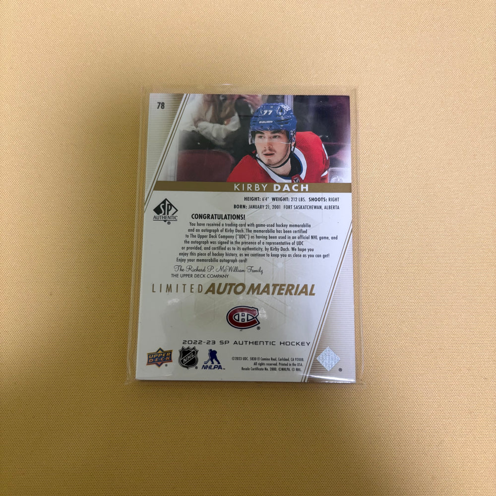 2022/23 Upper Deck SP Authentic Kirby Dach Limited Auto Material Patch /100 Montreal Canadiens #78 Sports Card