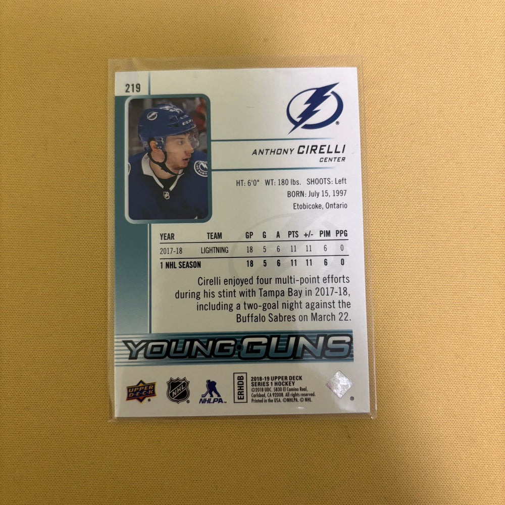 2018-19 Upper Deck Series 1 Anthony Cirelli Young Guns Tampa Bay Lightning #219 Sports Card