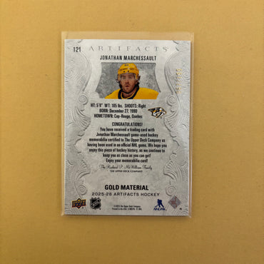 2025/26 Upper Deck Artifacts Jonathan Marchessault Gold Material Jersey /199 Nashville Predators #121 Sports Card