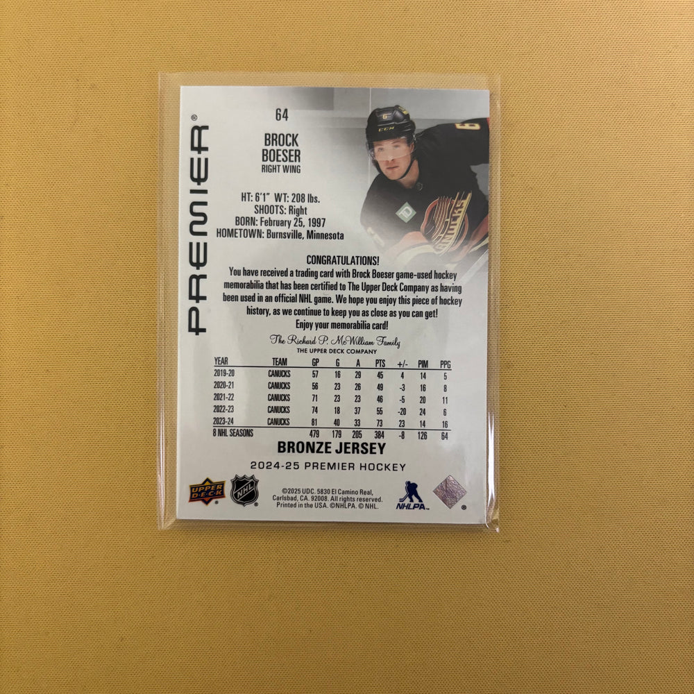 2024-25 Upper Deck Premier #64 Brock Boeser Bronze Jersey Patch Sports Card