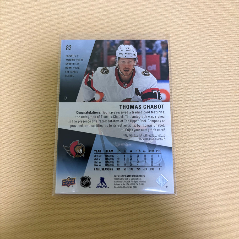 2023-24 Upper Deck SP Game Used Auto Thomas Chabot #82 Sports Card