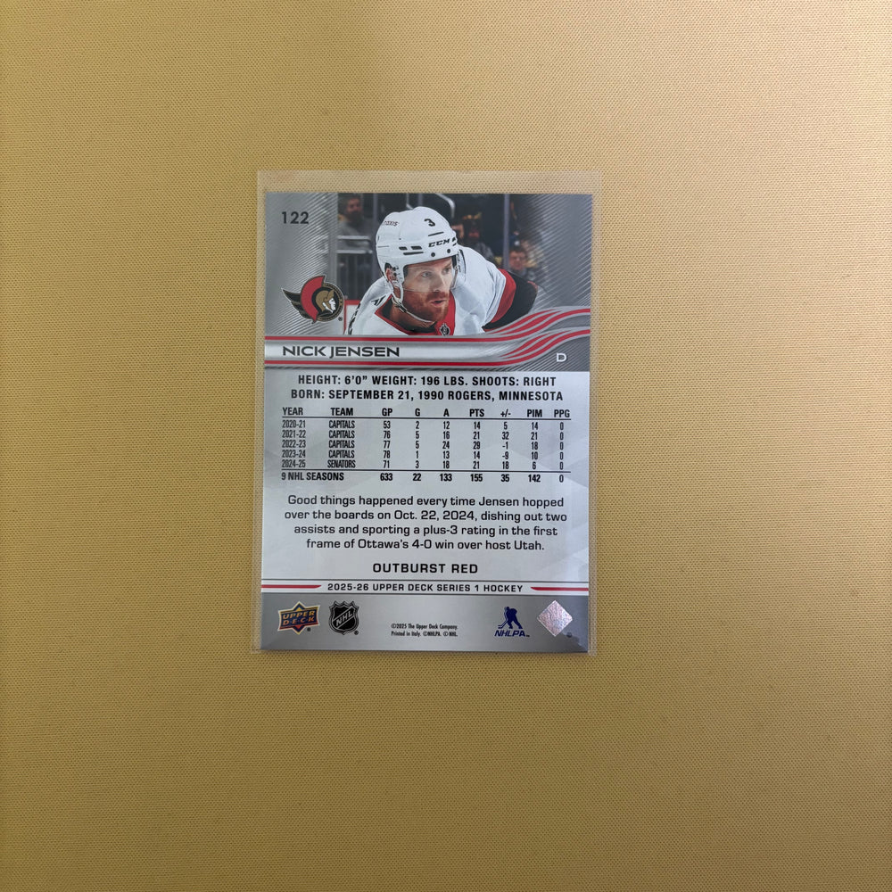 2025/26 Upper Deck Series 1 Outburst Red Nick Jensen /25  Ottawa Senators #122 Sports Card