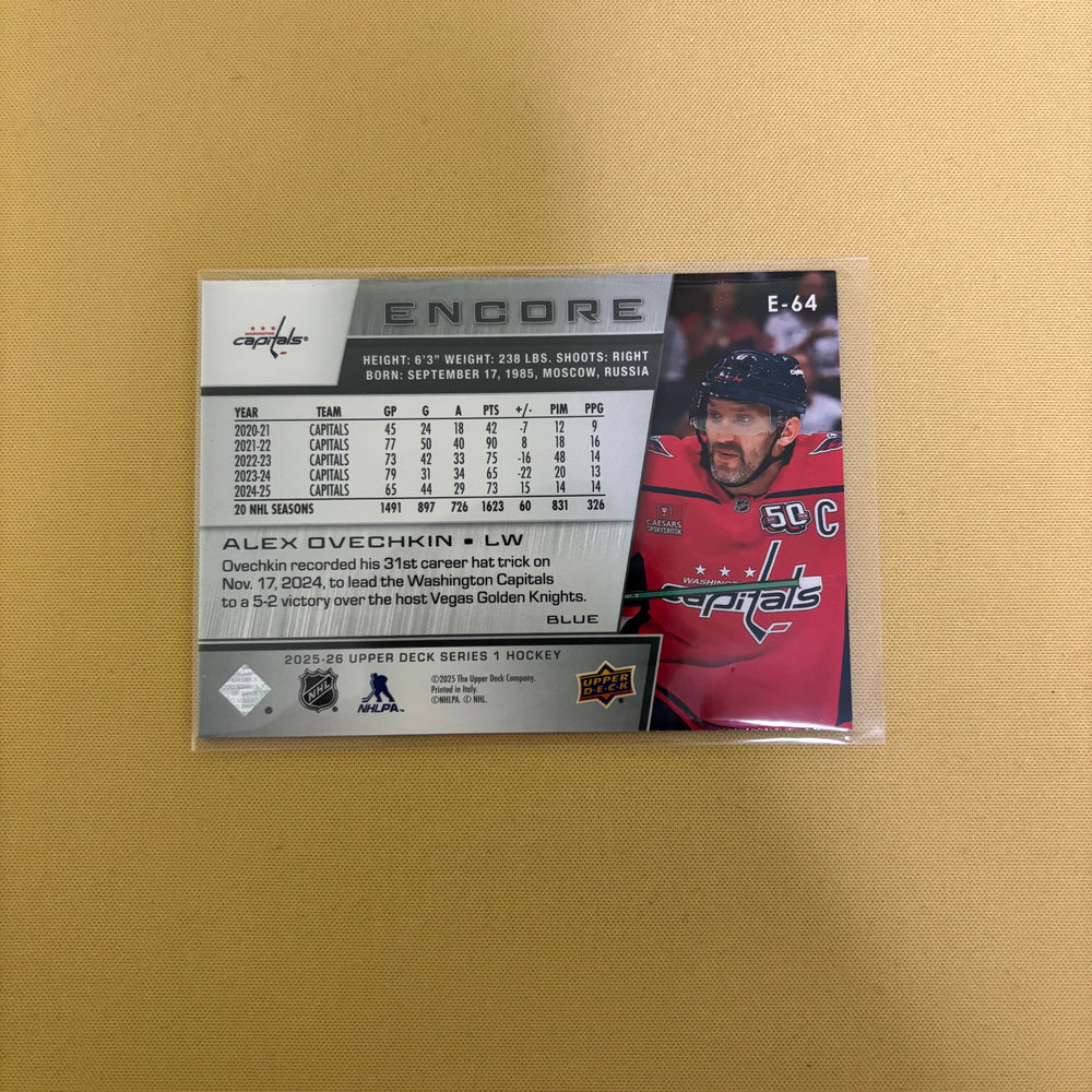 2025/26 Upper Deck Series 1 Alex Ovechkin Encore Blue Washington Capitals E-64 Sports Card