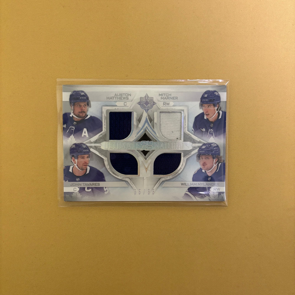 2023/24 Upper Deck Ultimate Collection Ultimate Quad Materials Matthews/Marner/Tavares/Nylander /65 Toronto Maple Leafs QM-MAPL Sports Card