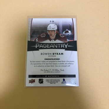 2023-24 UD SP Authentic Bowen Byram On Card Auto Pageantry #P-24 Avalanche Sports Card