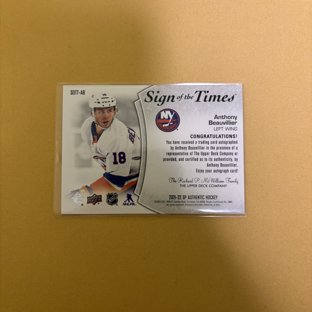 2021-22 UD SP Authentic Anthony Beauvillier Sign of the Times Auto SOTT-AB Sports Card