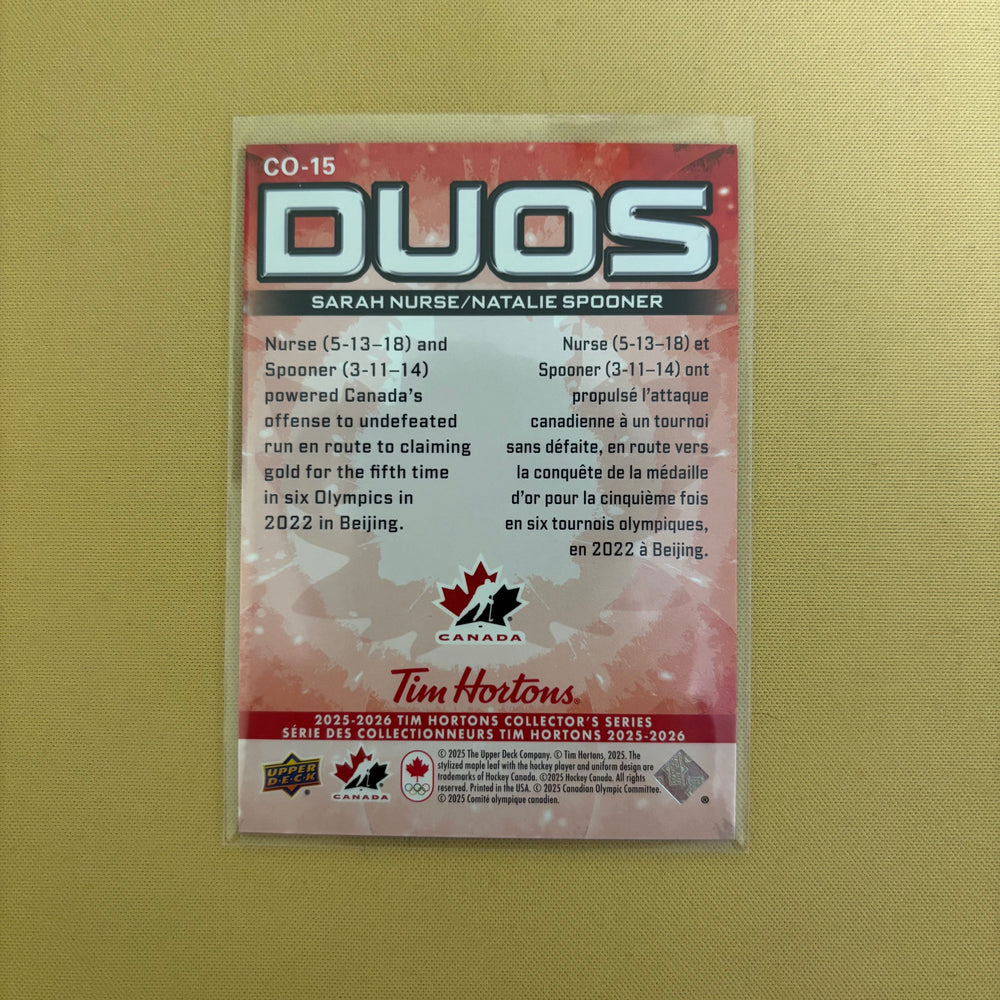 2025-26 Upper Deck Tim Hortons Sarah Nurse/Natalie Spooner Duos Team Canada CO-15 Sports Card