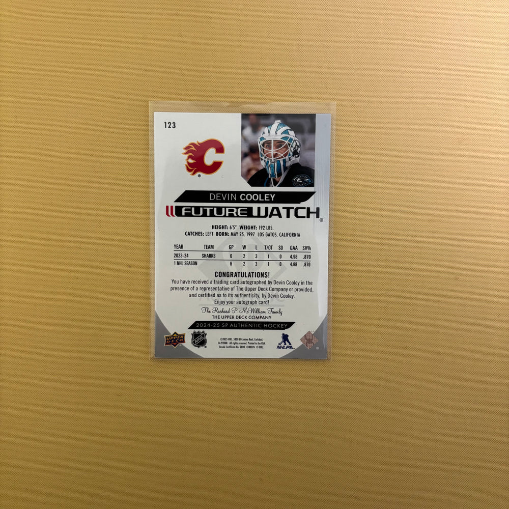 2024/25 Upper Deck SP Authentic Devin Cooley Future Watch Auto /999 Calgary Flames #123 Sports Card
