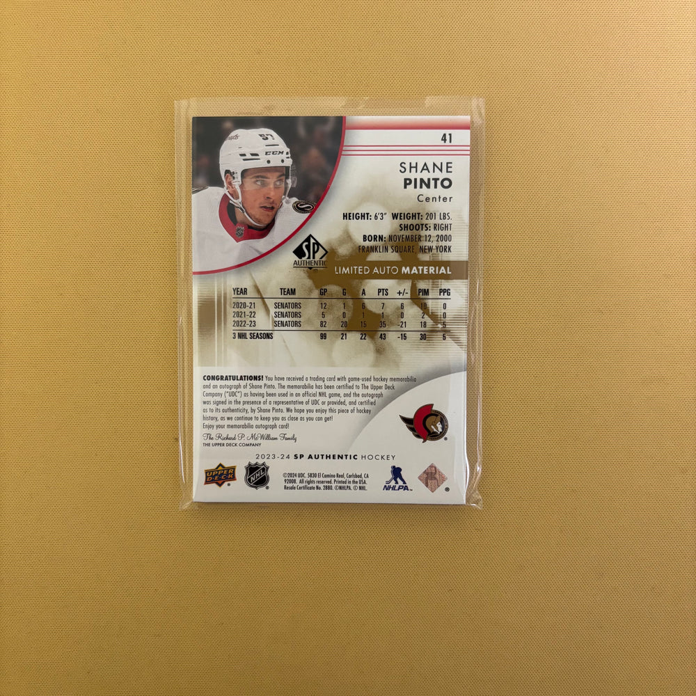 2023/24 Upper Deck SP Authentic Limited Auto Material Shane Pinto /50 Ottawa Senators #41 Sports Card