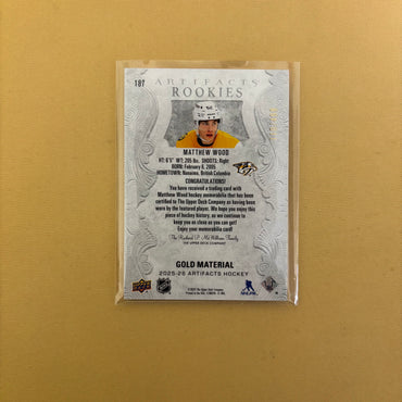 2025/26 Upper Deck Artifacts Matthew Wood Gold Material Rookie Jersey /499 Nashville Predators #187 Sports Card