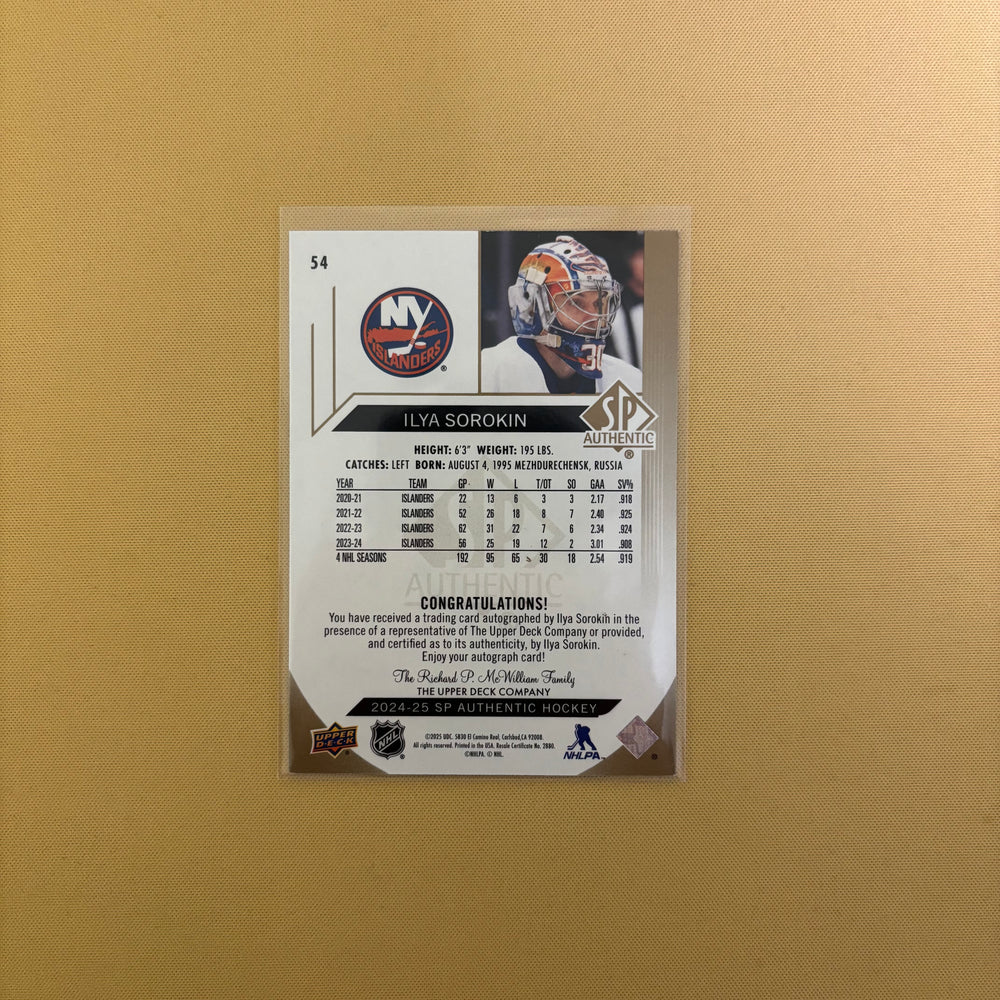 2024/25 Upper Deck SP Authentic Limited Gold Auto Ilya Sorokin New York Islanders #54 Sports Card