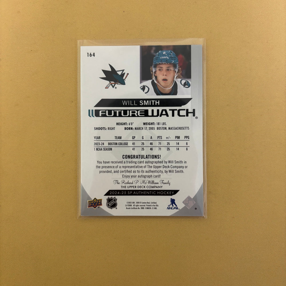 2024-25 Upper Deck SP Authentic Will Smith Future Watch Auto San Jose Sharks #164 Sports Card