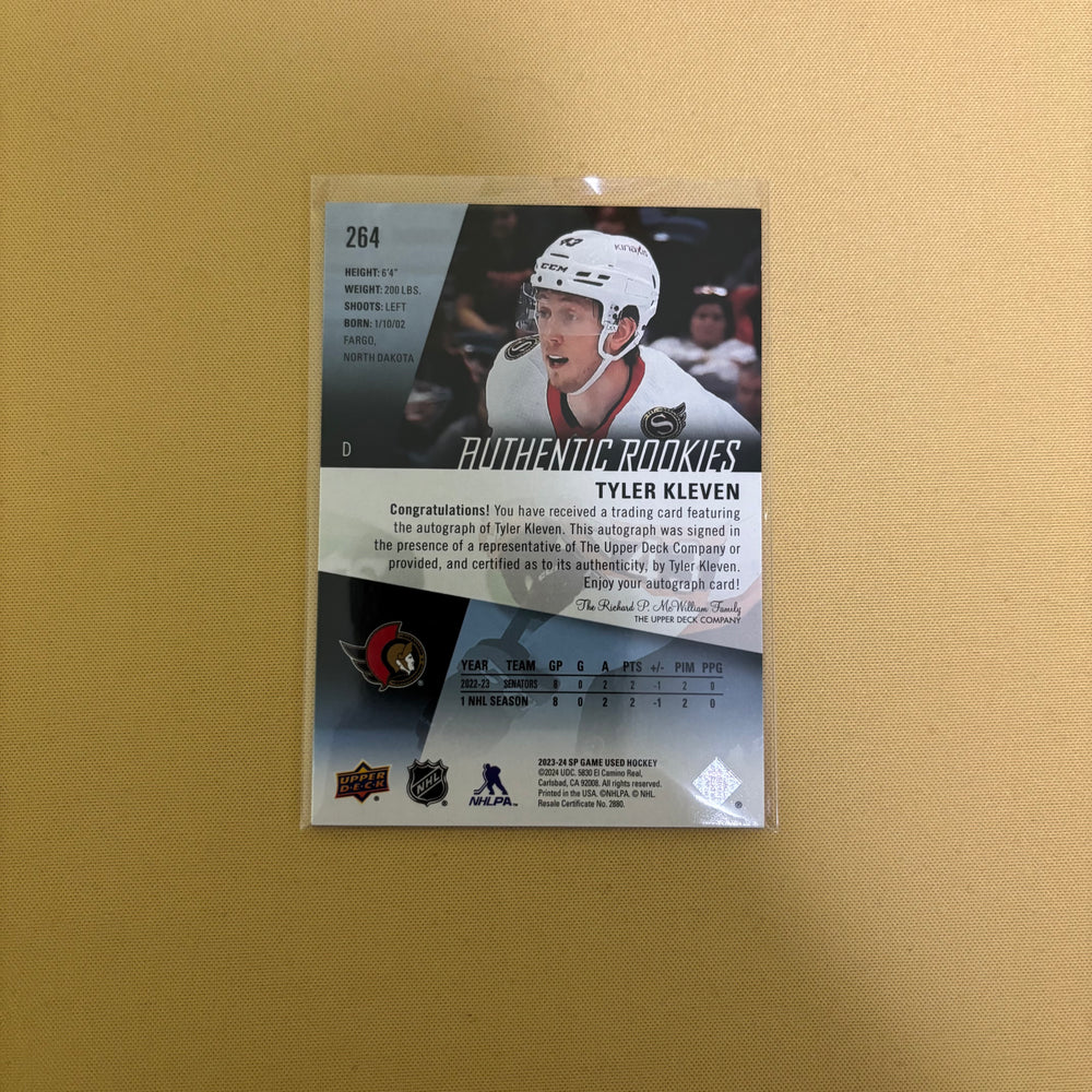 2023-24 SP Game Used Authentic Rookies Auto Tyler Kleven Blue #264 Sports Card