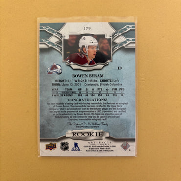 2020-21 Upper Deck Artifacts Bowen Byram Rookie Dual Jersey Auto /99 Colorado Avalanche #179 Sports Card