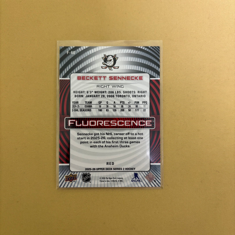 2025-26 Upper Deck Series 2 Beckett Sennecke Fluorescence Red Anaheim Ducks F-40 Sports Card