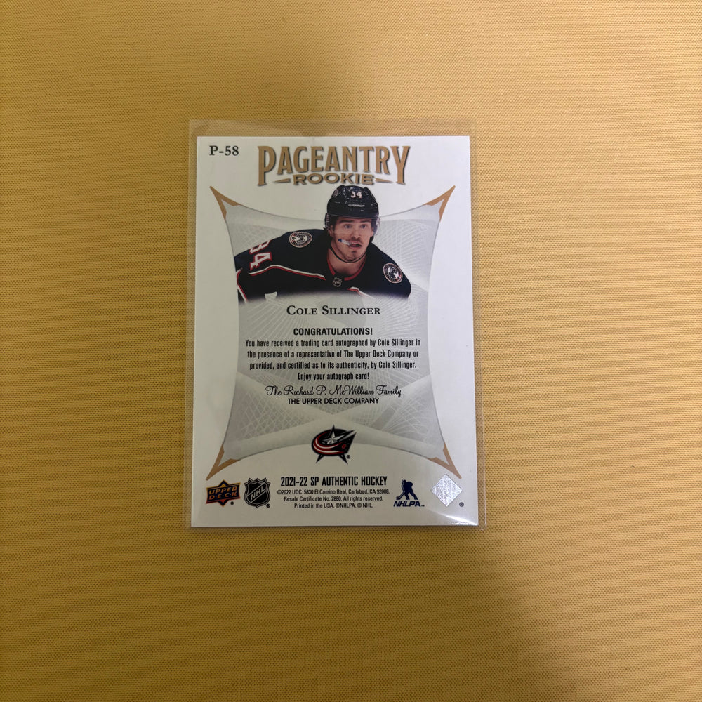 2021 SP AUTHENTIC #P-58 COLE SILLINGER PAGEANTRY AUTO RC ROOKIE Sports Card