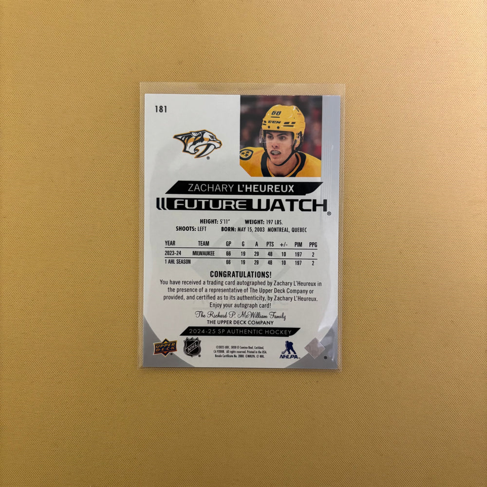 2024-25 SP Authentic Future Watch Auto Zachary L'Heureux /999 #181 Nashville Sports Card