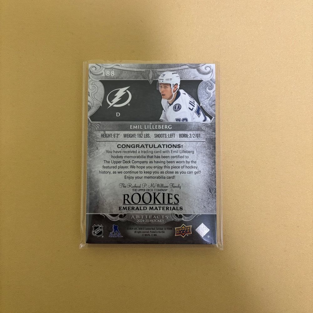 2024 UD ARTIFACTS #188 EMIL LILLEBERG MATERIAL EMERALD PATCH ROOKIE RC /99 Sports Card