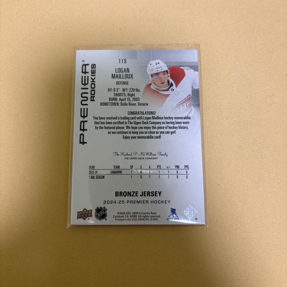 2024 UPPER DECK PREMIER #119 LOGAN MAILLOUX MEMORABILIA BRONZE JERSEY RC ROOKIE Sports Card