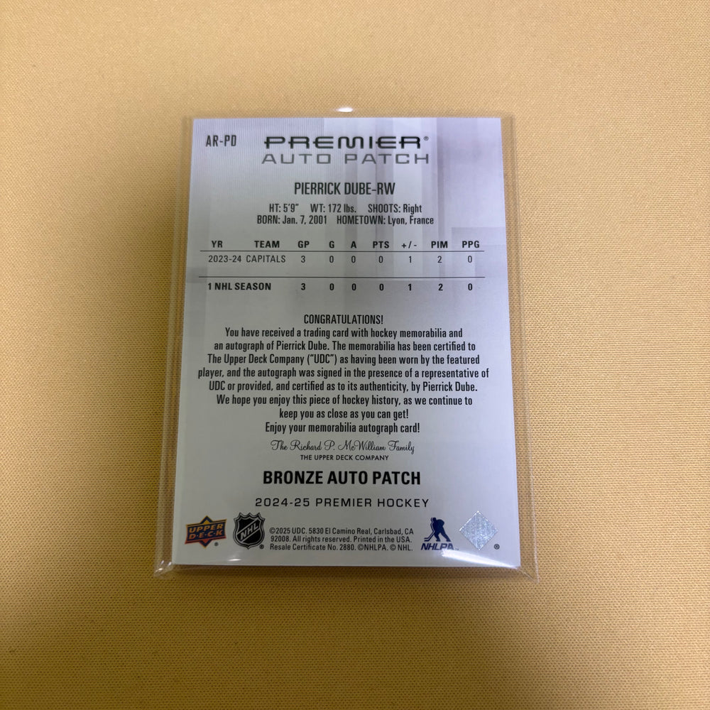 2024/25 Upper Deck Premier Pierrick Dube Premier Rookie Auto Patch Bronze /249 Washington Capitals AR-PD Sports Card