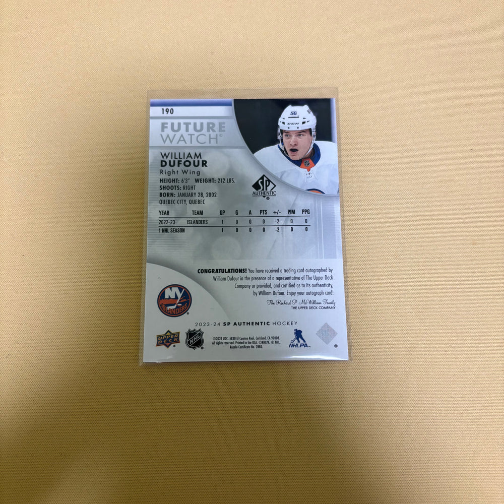 2023/24 Upper Deck SP Authentic William Dufour Future Watch Auto /999 New York Islanders #190 Sports Card