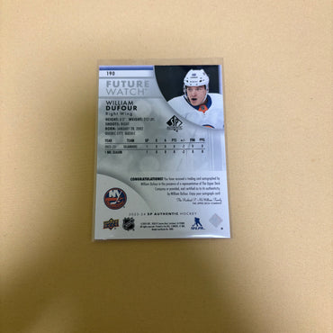 2023/24 Upper Deck SP Authentic William Dufour Future Watch Auto /999 New York Islanders #190 Sports Card
