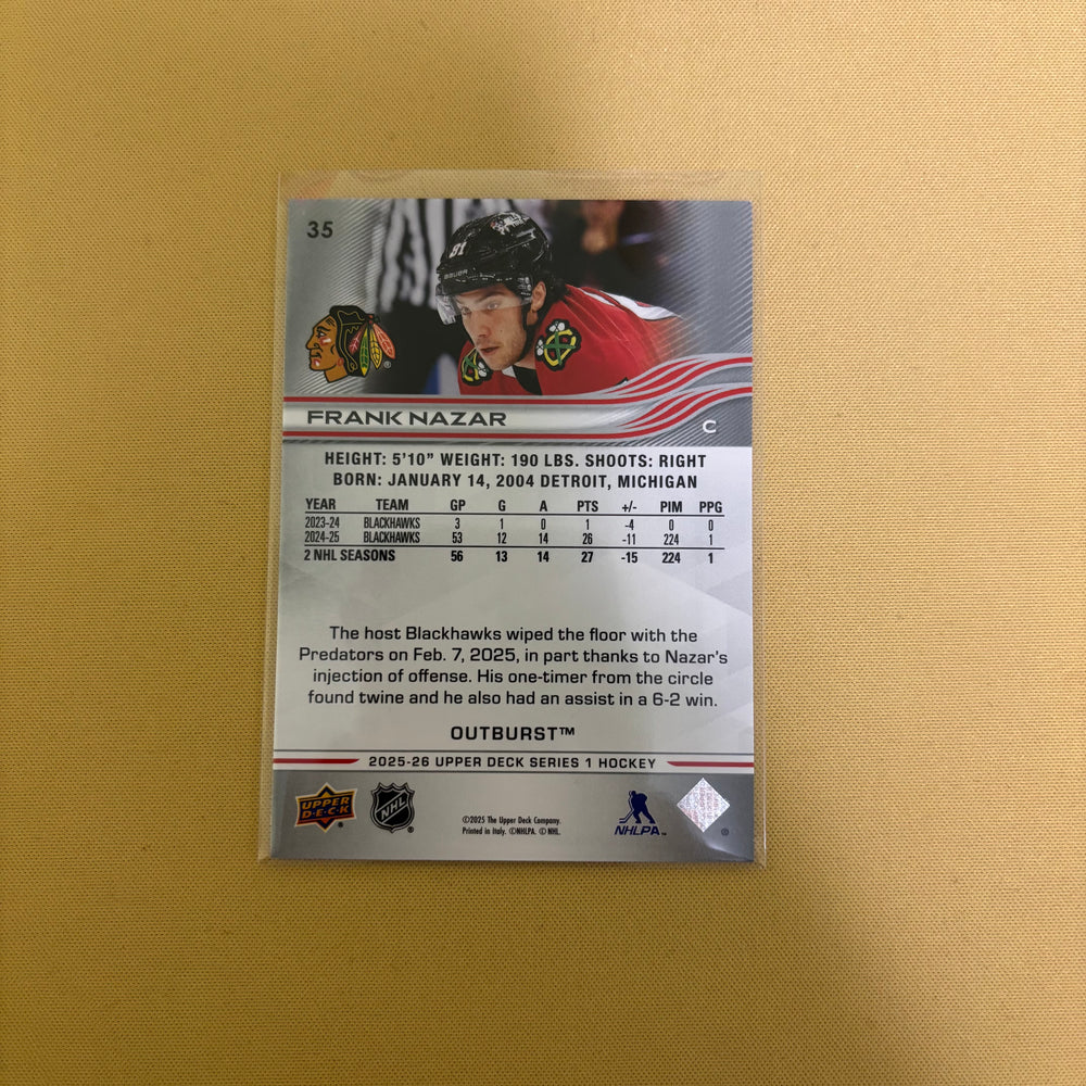 2025-26 Upper Deck SERIES 1 #35 FRANK NAZAR Silver Outburst Chicago Blackhawks Sports Card