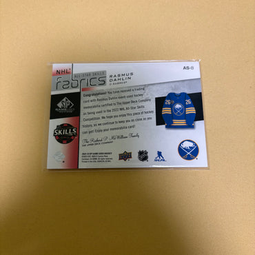 2022/23 Upper Deck SP Game Used Rasmus Dahlin NHL All Star Skills Fabrics Jersey Buffalo Sabres AS-8 Sports Card