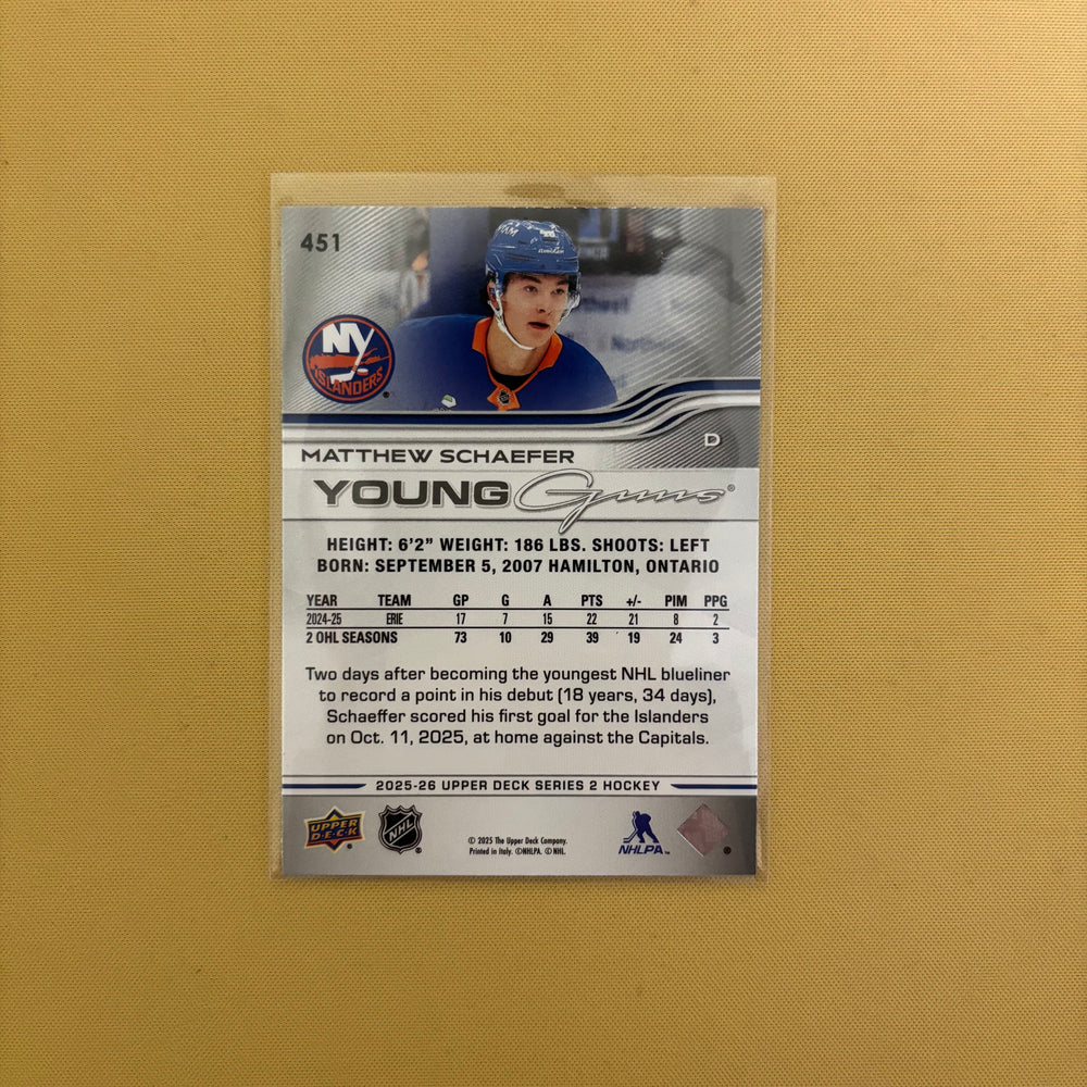 2025-26 Upper Deck Series 2 Matthew Schaefer Young Guns New York Islanders #451 Sports Card
